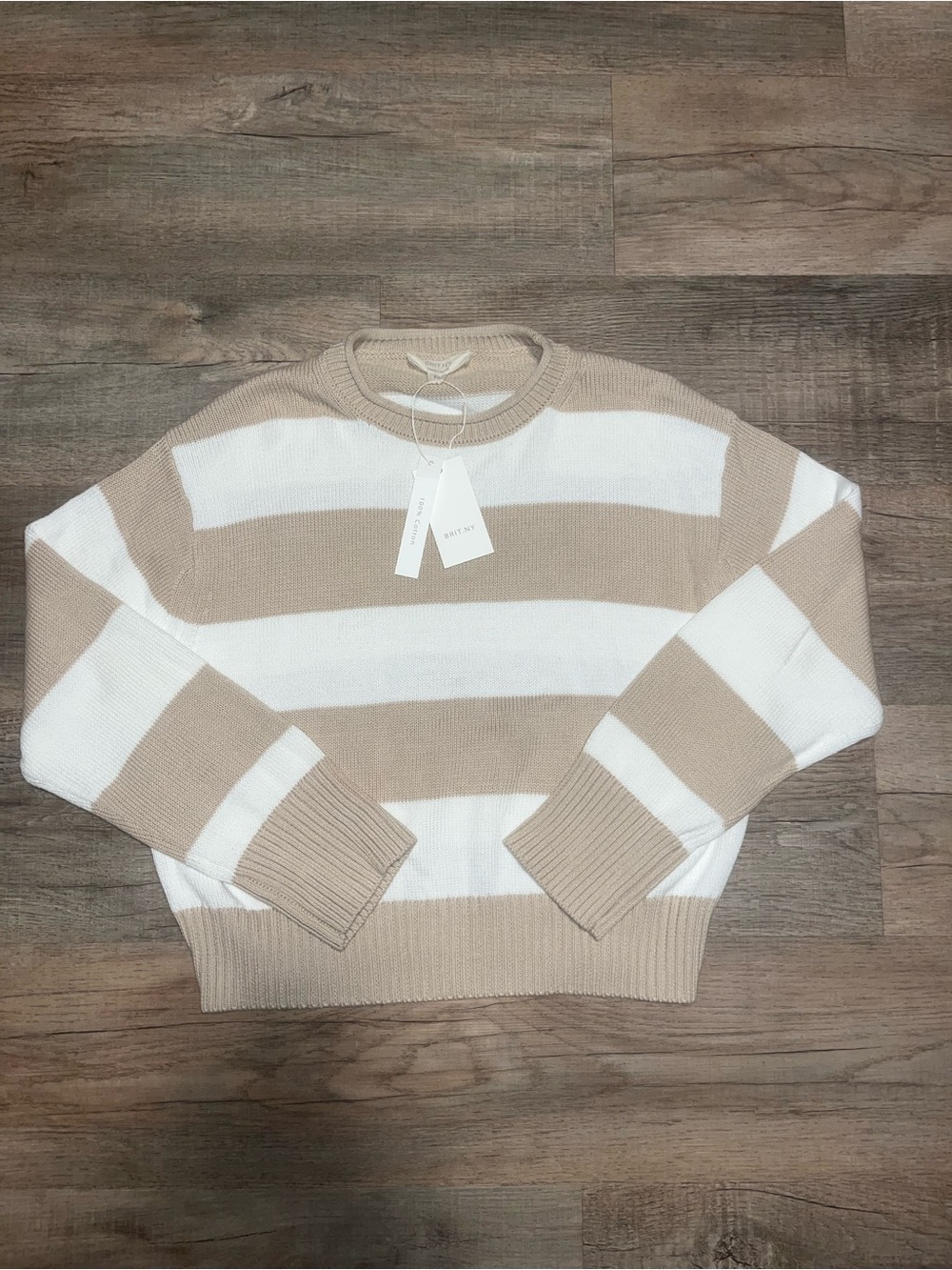 Striped 100% Cotton Roll Neck Sweater in Beige and White size M
